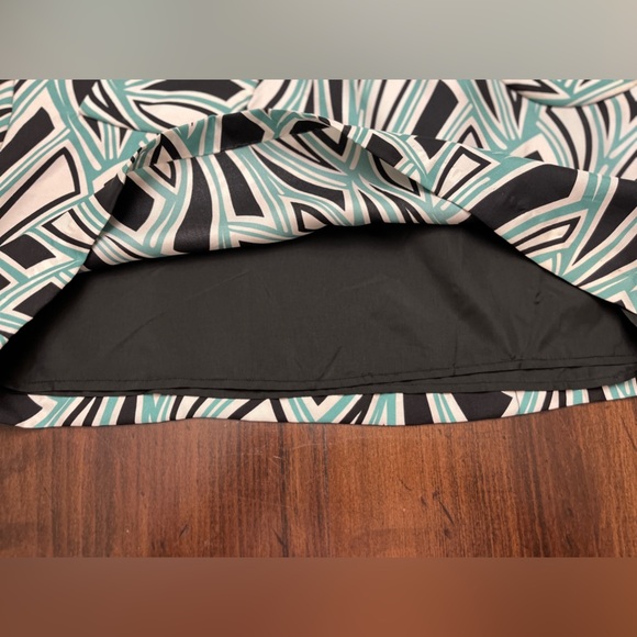 Tibi Shift Dress Size 10 Geometric Pattern Black White Teal 100% Silk Business - Picture 4 of 16